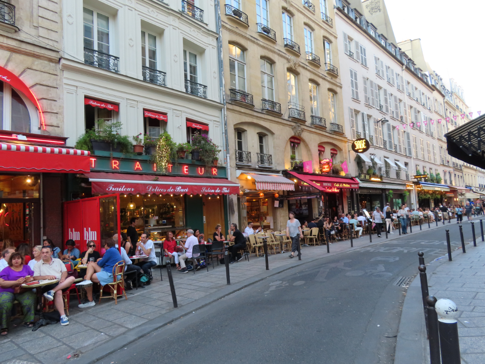 A couple of blocks from the Hotel de Seine in Paris is a very trendy area full of cafes.