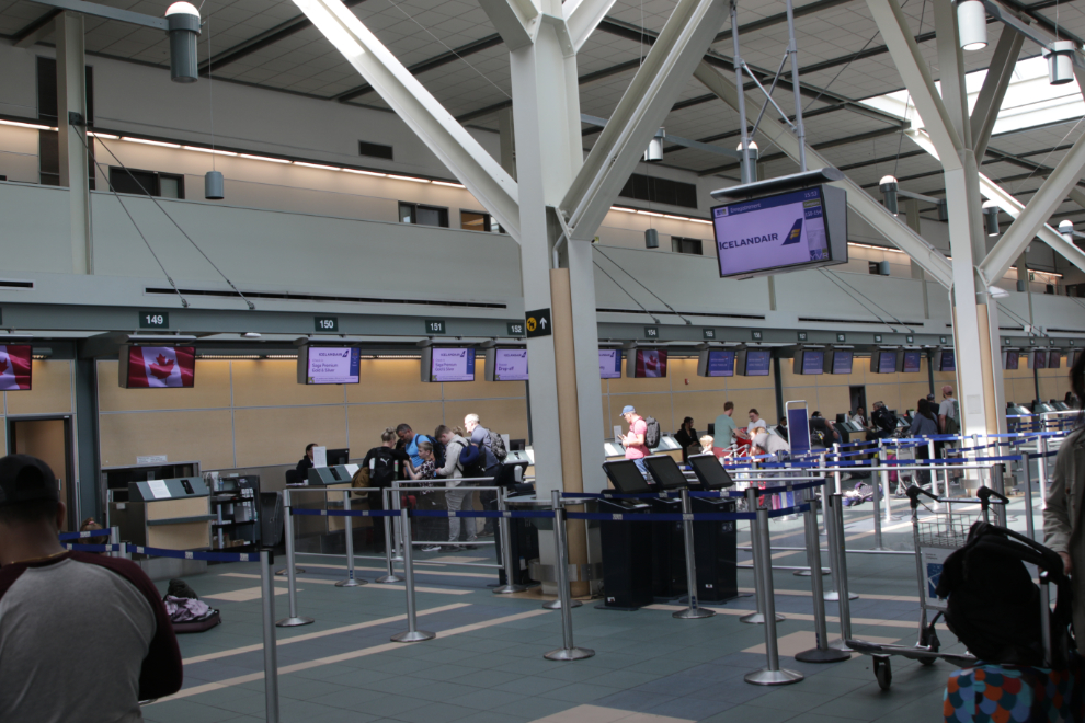 The quiet Icelandair desks in the International Terminal at Vancouver International Airport.