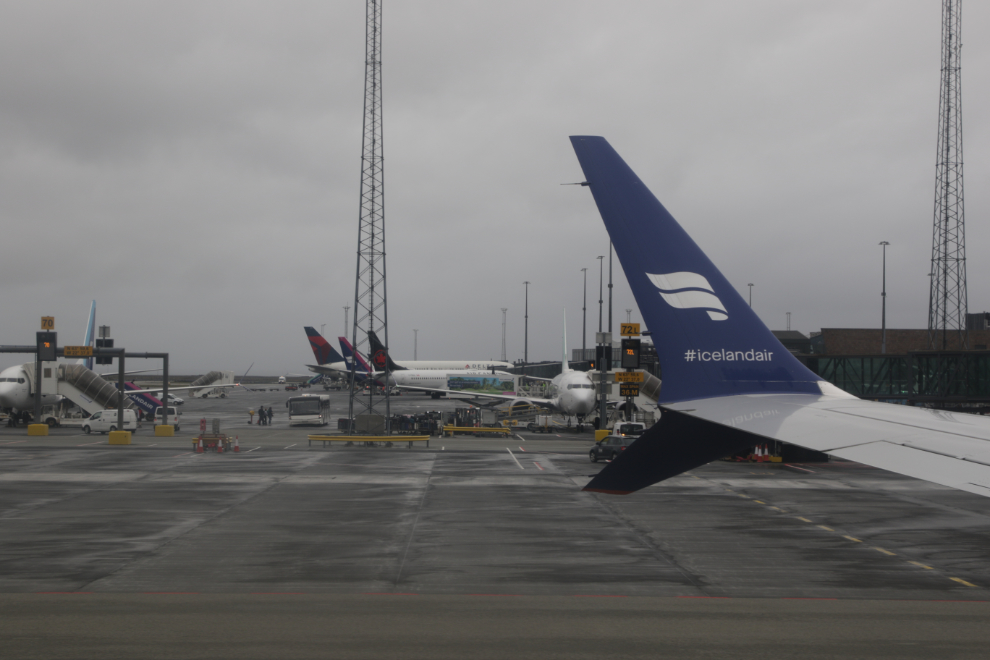 Taxiing at rainy Keflavik (KEF), the airport for Reykjavik, Iceland, on an Icelandair Boeing 737-8 MAX.