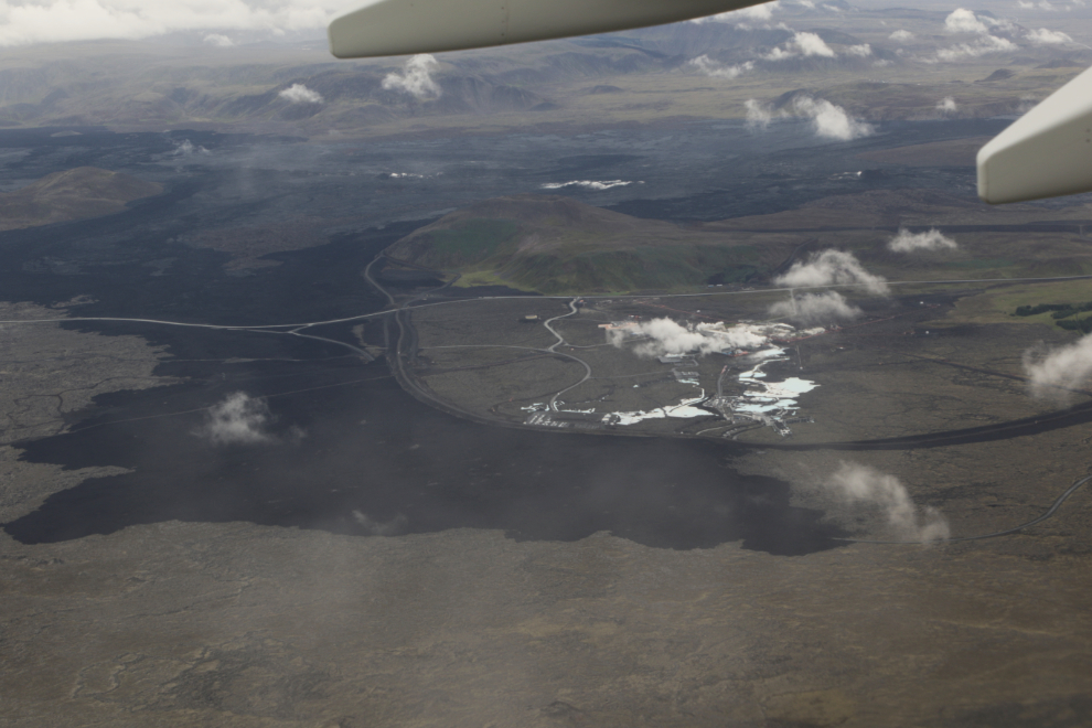 An aerial view of a lava flow and steam vents to the southeast of the Reyjavik airport (KEF).
