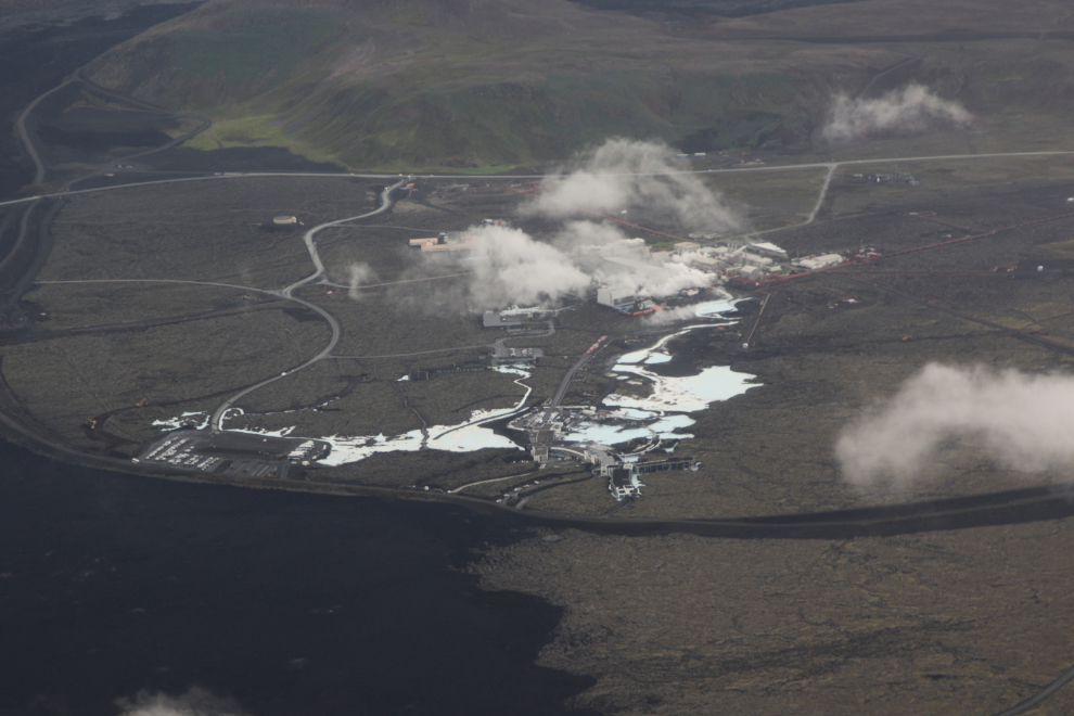An aerial view of a lava flow and steam vents to the southeast of the Reyjavik airport (KEF).