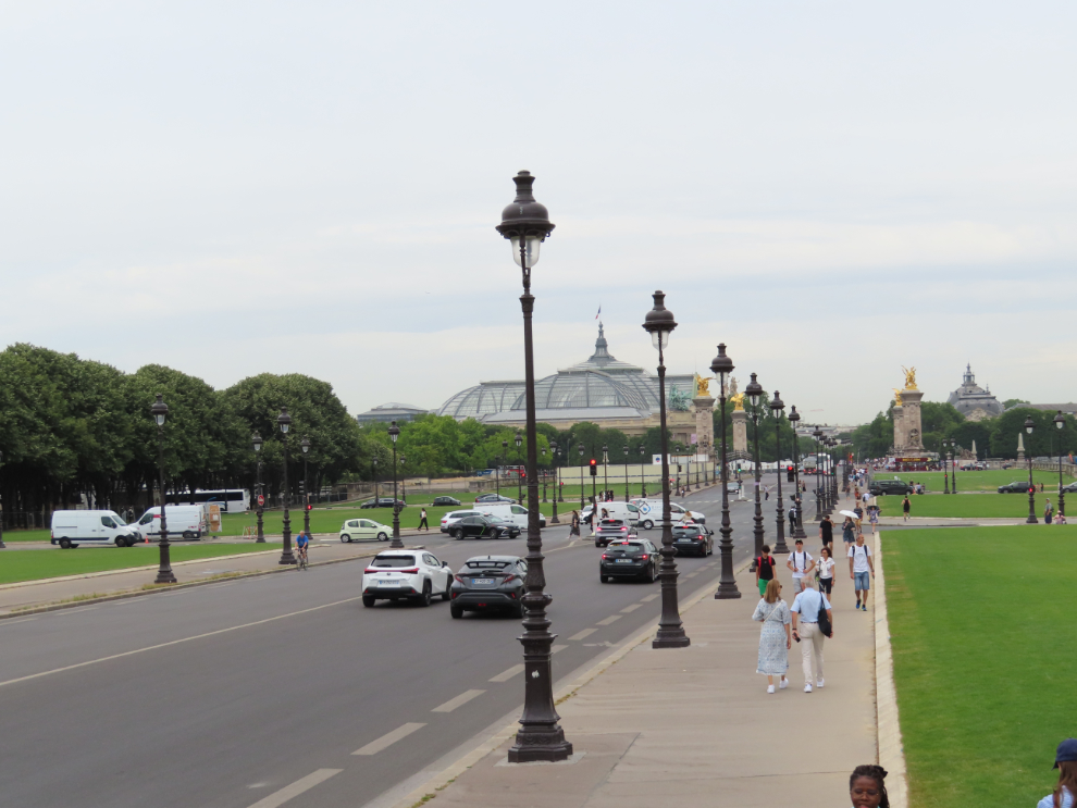 Touring Paris by open-top bus.