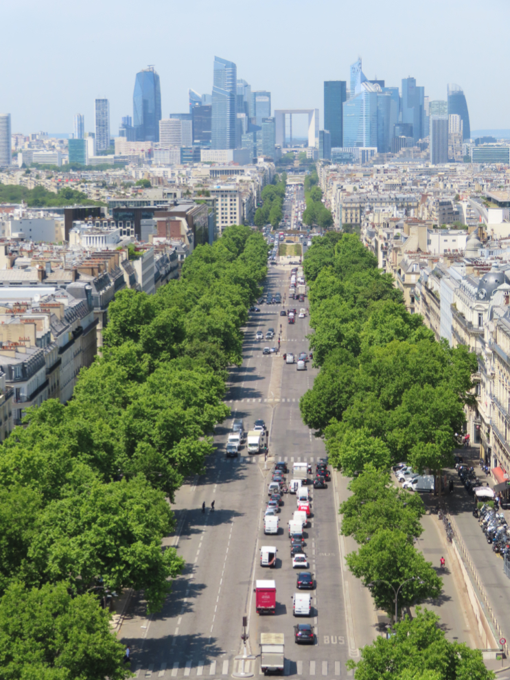 Exploring Paris: the Arc de Triomphe. The view up Avenue de la Grande Armee towards the business district, from the upper level of the Arc.