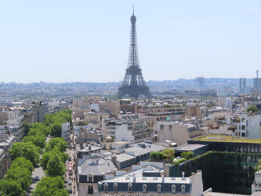 Exploring Paris: the Eiffel Tower, seen from the Arc de Triomphe.