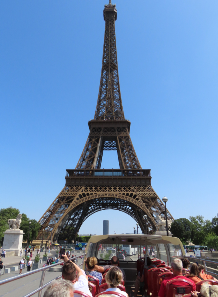 Touring Paris by open-top bus - the Eiffel Tower.