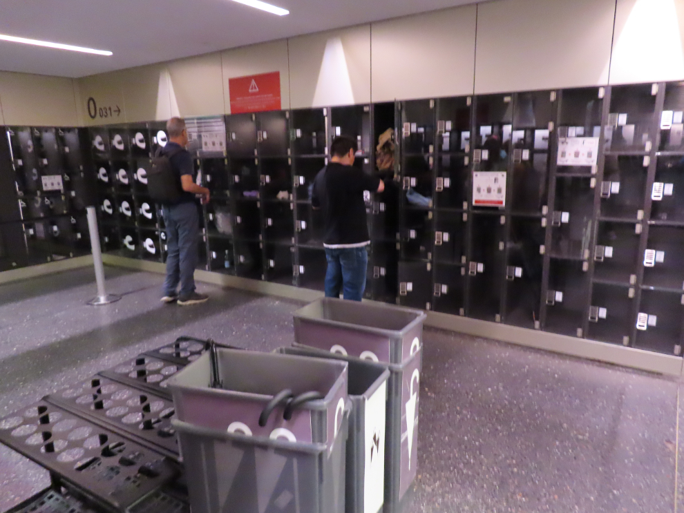 here's a massive cloak room with free lockers or various sizes and shapes at the Louvre Museum in Paris.