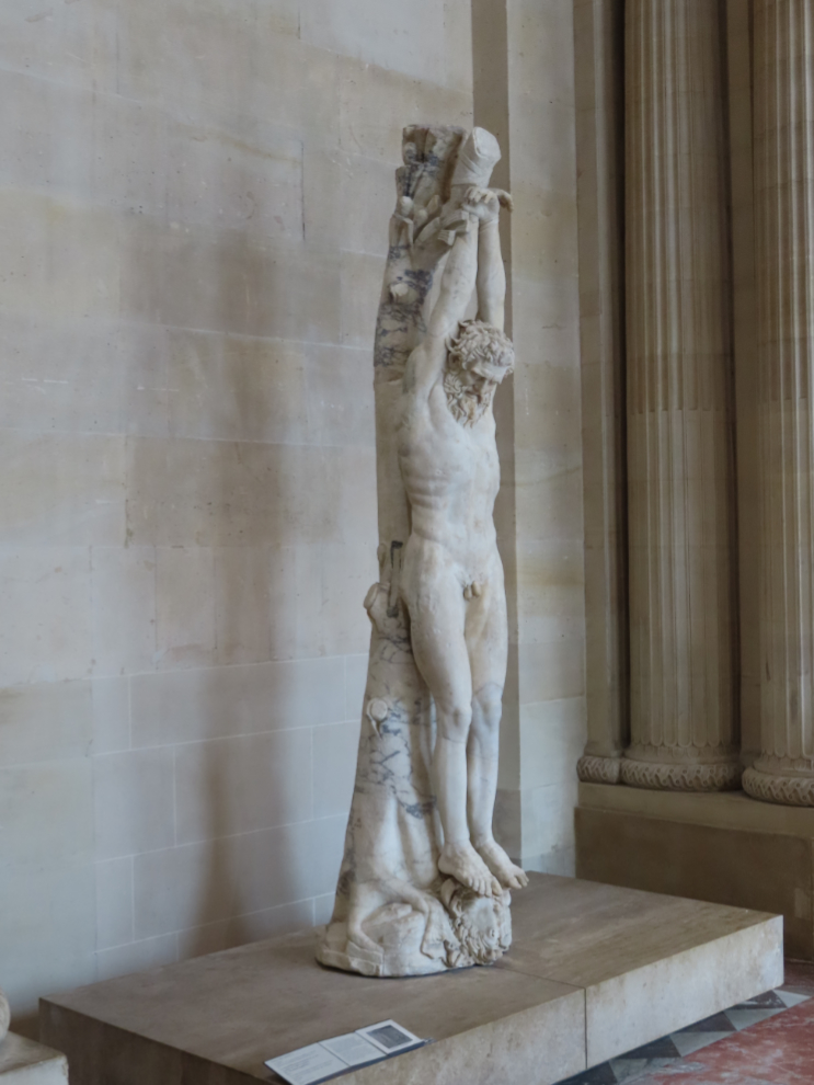 A Roman copy of the Greek statue 'The Flaying of Marsyas,' at the Louvre Museum in Paris.