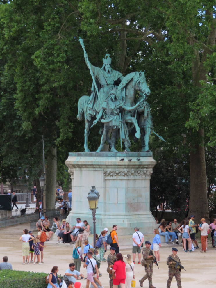 A large statue Charlemagne et ses Leudes, generally translated as Charlemagne and His Guards, stands beside Notre-Dame Cathedral of Paris.