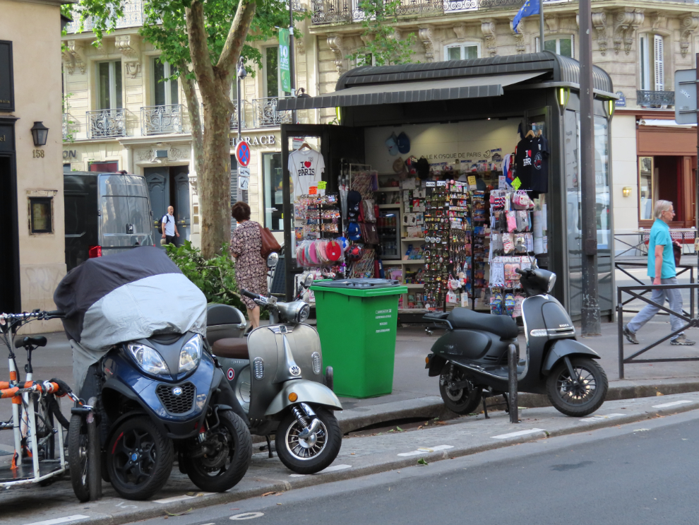 A teeny shop selling tourist trinkets in the Saint-Germain-des-Pres district in Paris.