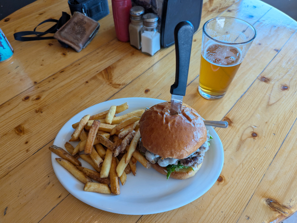 Mushroom Swiss burger at the Mile 1016 Pub at Haines Junction, Yukon.