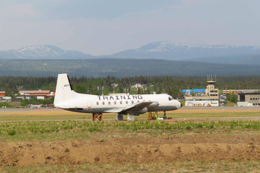 The Whitehorse airport's fire/rescue training aircraft, a Hawker Siddeley 748, used to be Air North's C-FYDU.