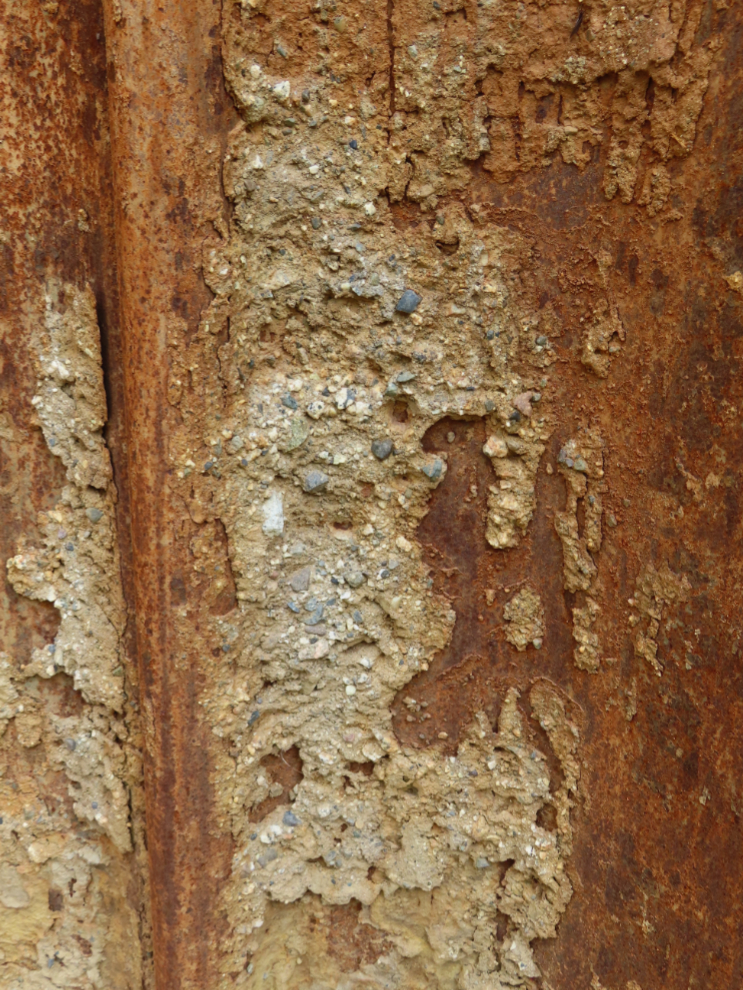 Detail of the metal sheet piling wall that was installed along Robert Service Way in 2022 as a slide barrier.