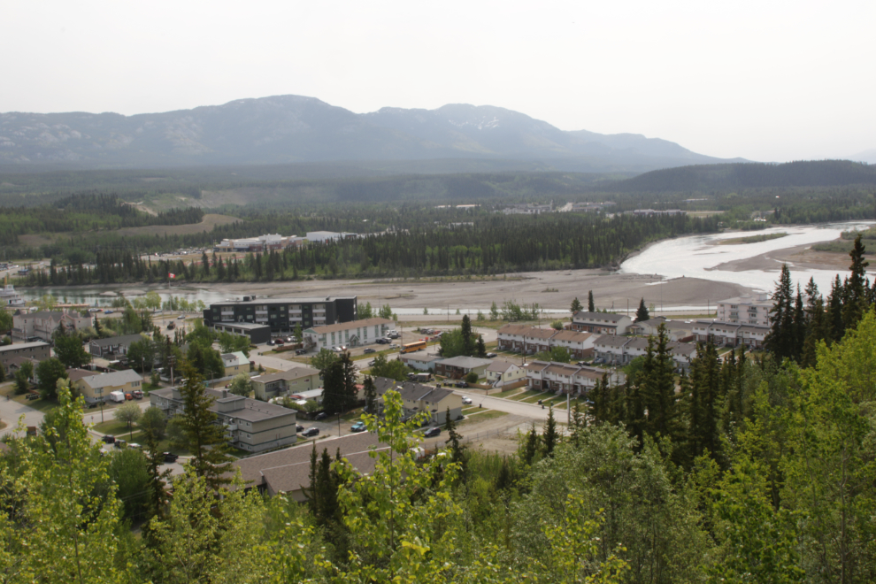 A view of the southernmost part of downtown Whitehorse, with the Yukon River, from the airport trails.