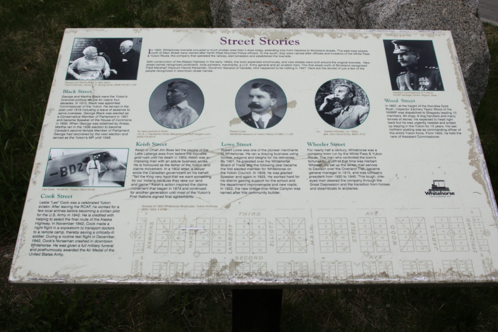 An interpretive sign about some street name origins at Whitehorse, Yukon. 
