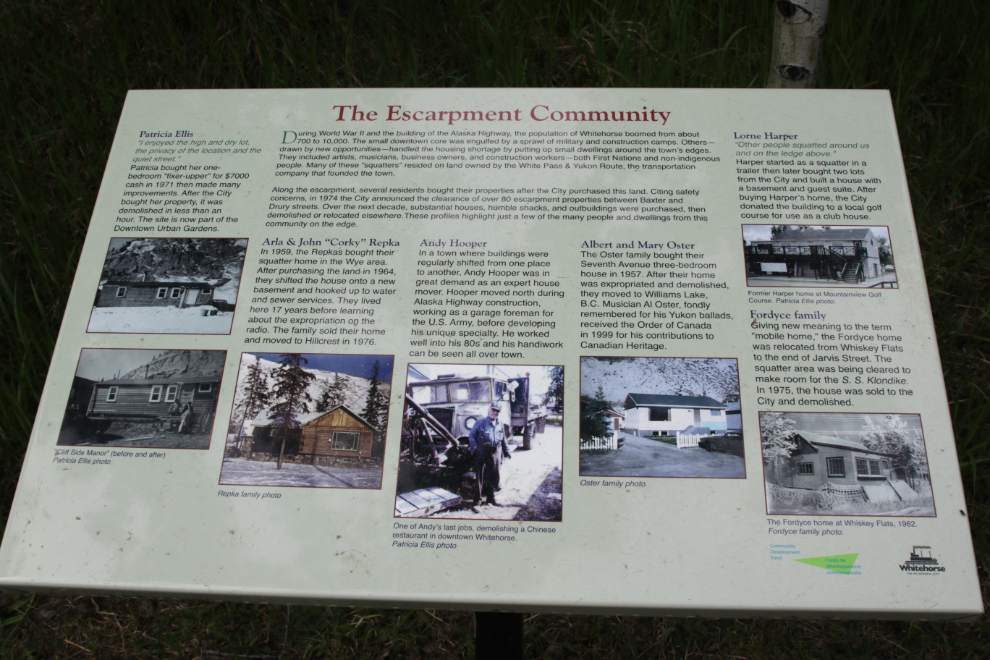 An interpretive sign about ssome of the families in The Escarpment Community at Whitehorse, Yukon. 