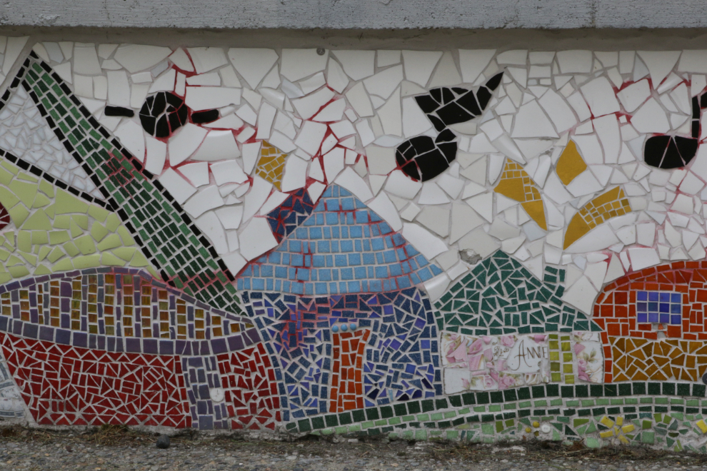 Detail of a mosaic mural at Teegatha'Oh Zheh Park in Whitehorse, Yukon.