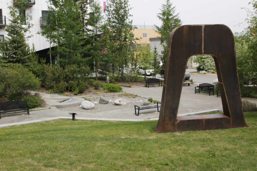 A huge steel sculpture at Teegatha'Oh Zheh Park in Whitehorse, Yukon.