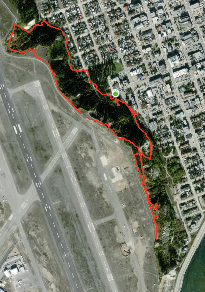 Map of my 4.8-km nature walk at the edge of downtown Whitehorse, Yukon.