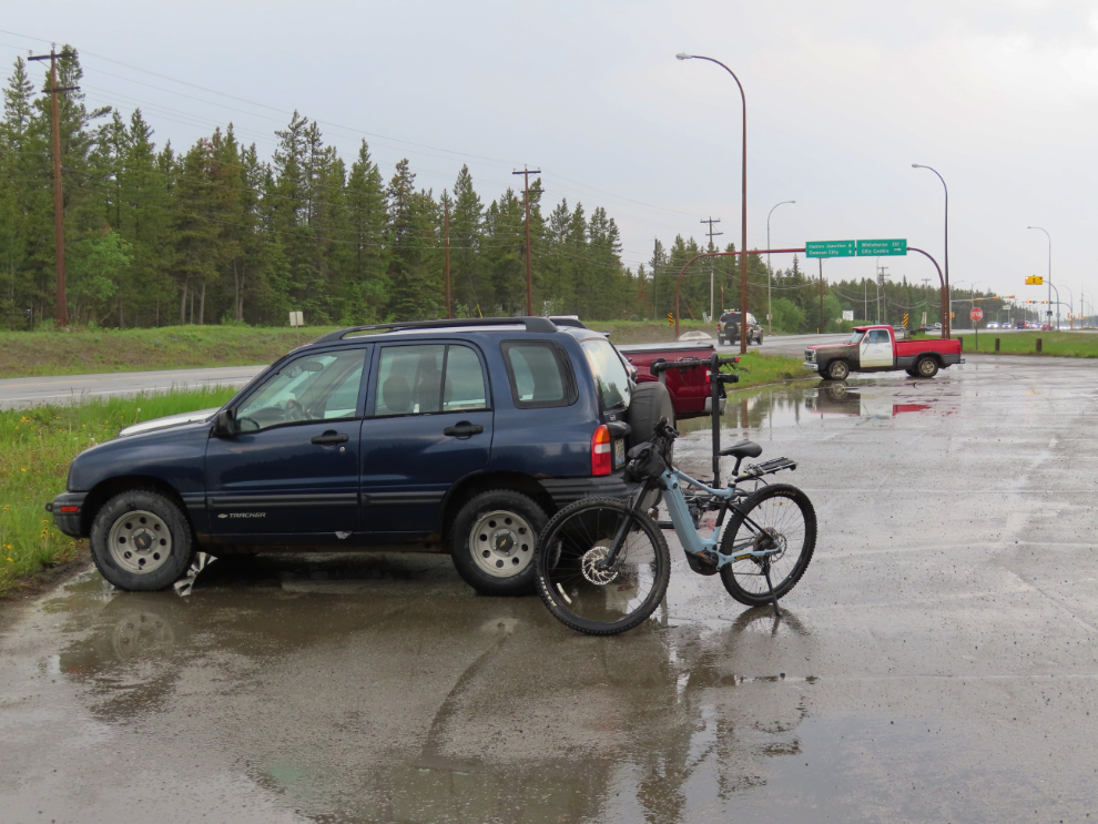 Unloading my e-bike along the Alaska Highway on a story evening.