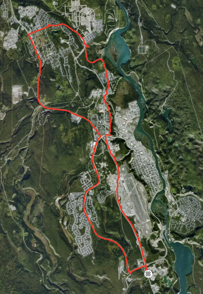 Map of my 30-km e-bike ride at Whitehorse, Yukon.