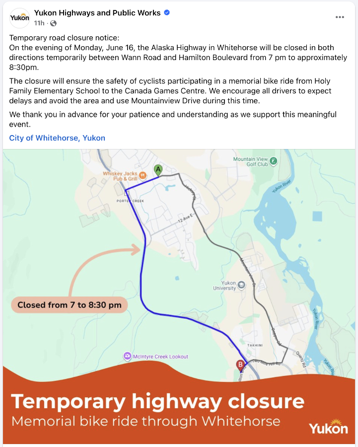 Facebook notice of an upcoming closure of the Alaska Highway.