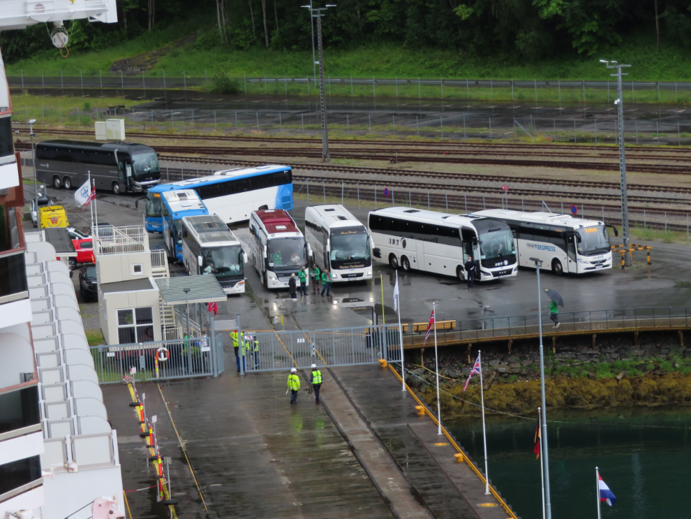 Tour buses meet our ship at Aldalsnes, Norway.
