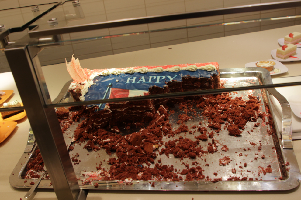 When we got back onto the ship and up to the Deck 9 Lido buffet, the large Canada Day cake was well demolished.