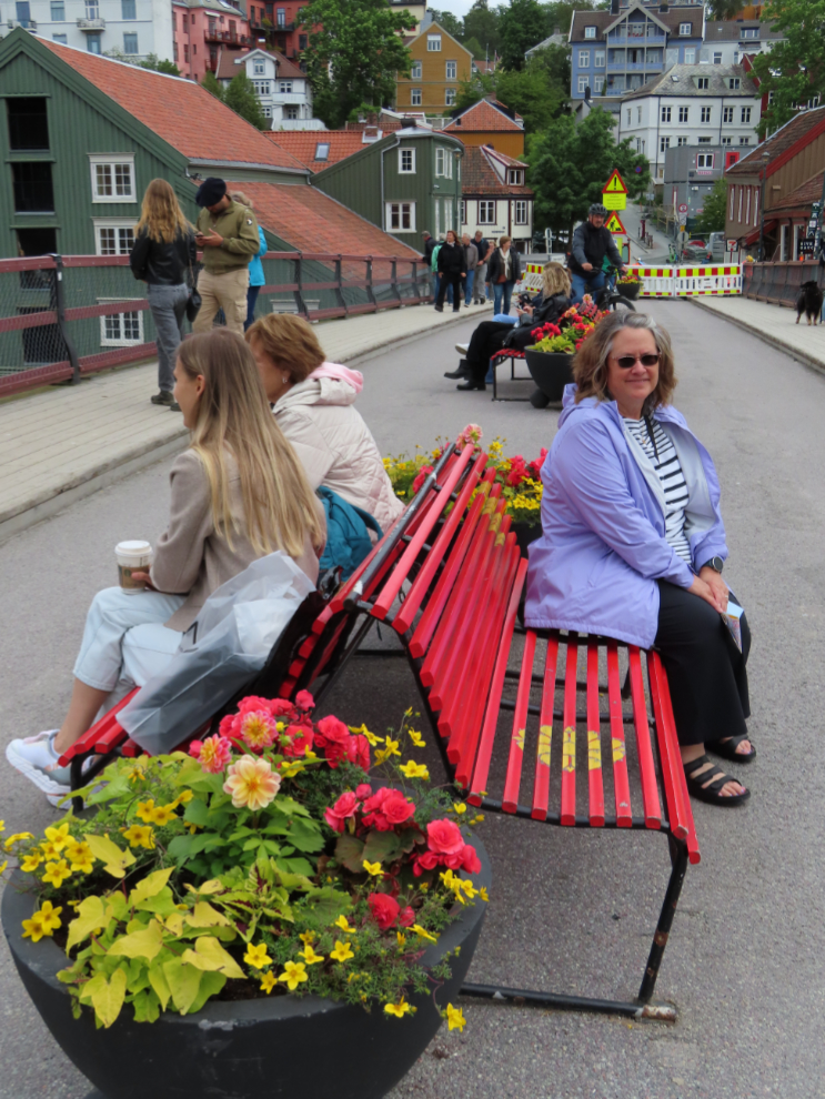 Cathy Dyson on Gamle Bybro, the Old Town Bridge, at Trondheim, Norway.