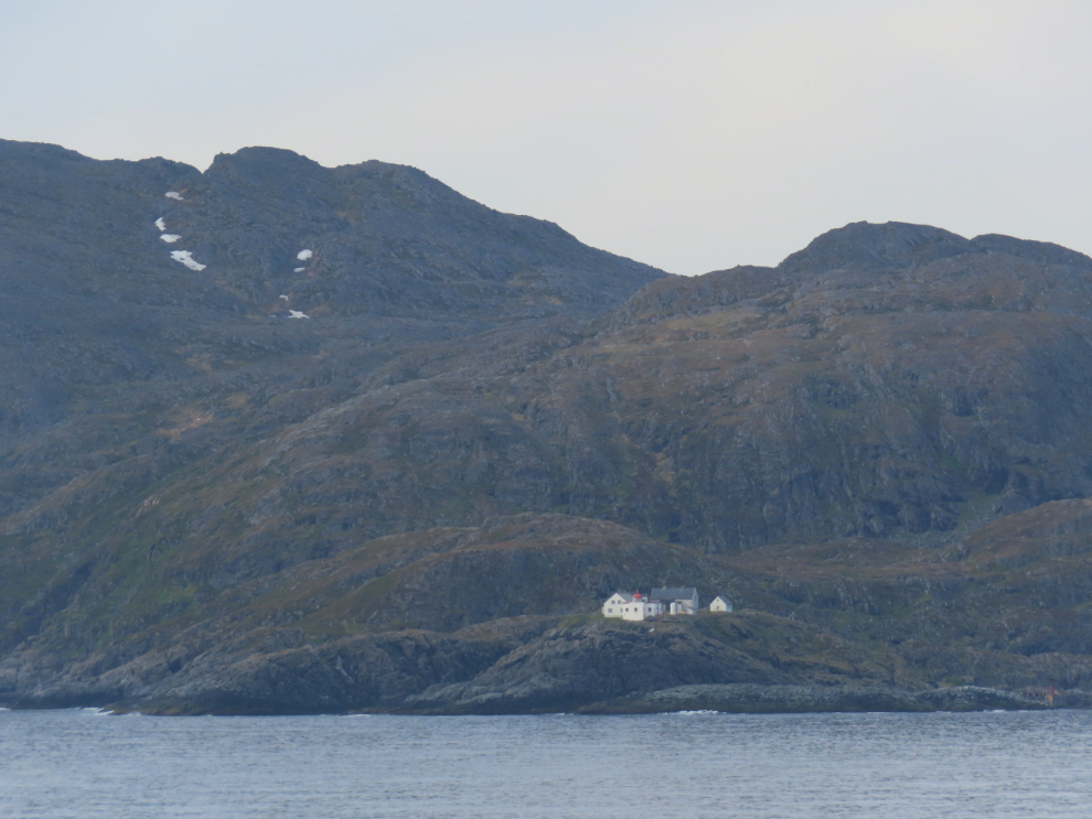 The Helnes Lighthouse (Helnes fyrstasjon), on the northeastern coast of the island of Mageroya, near Nordkapp (North Cape), Norway.