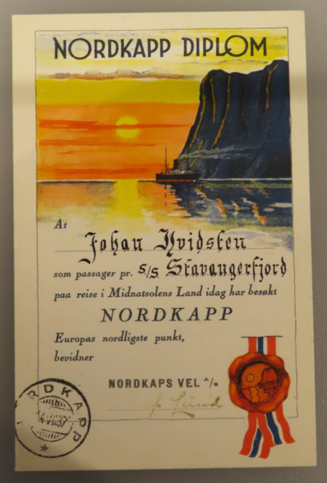 A Norkapp certificate from 1937 in the museum at Honningsvag, Norway.