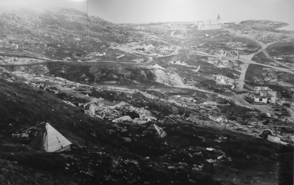 The town was burned by the Nazis during World War II - a photo in the museum at Honningsvag, Norway.