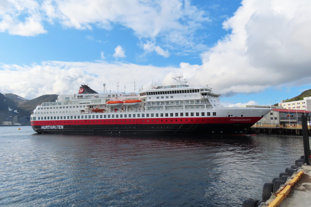 The Hurtigruten cruise ship Finnmarken at Honningsvag, Norway.