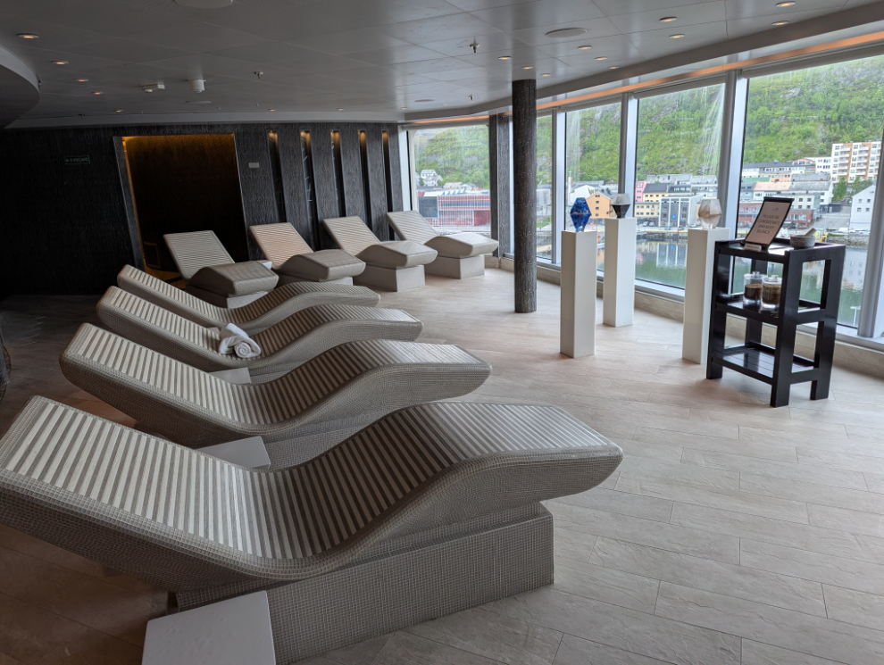 The heated ceramic loungers in the spa on the Holland America cruise ship Nieuw Statendam.