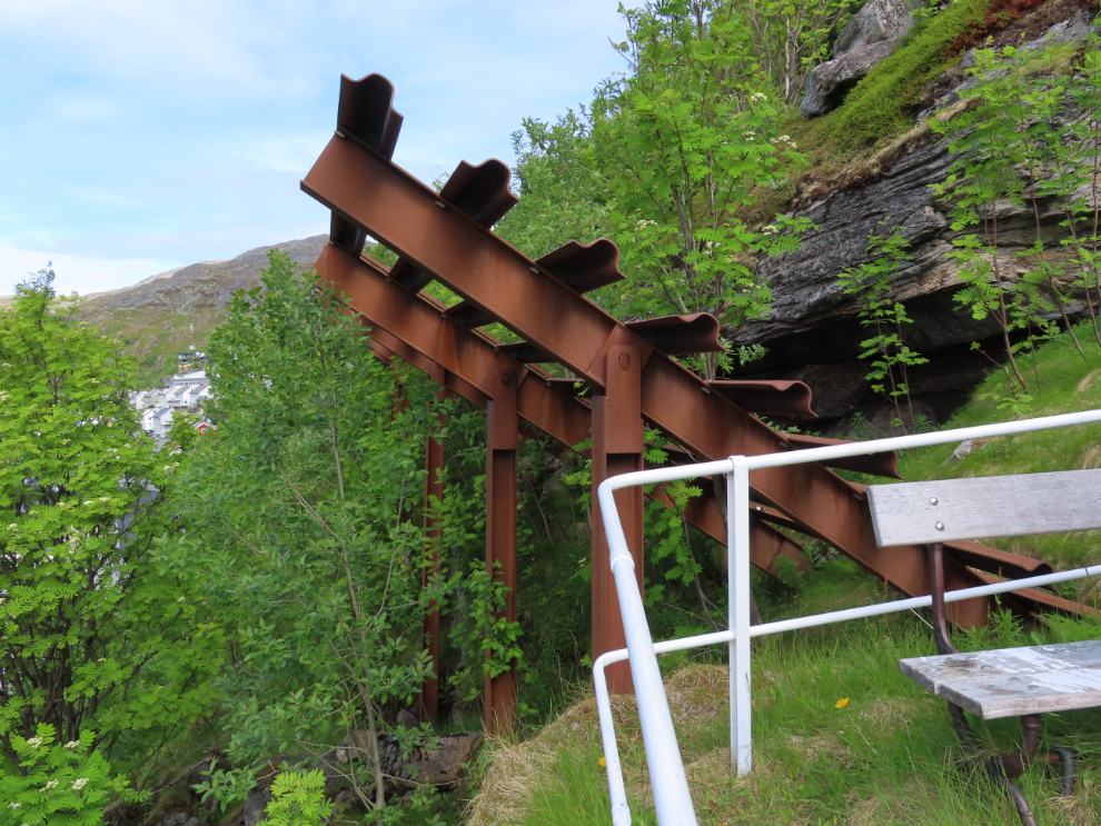 Huge avalanche guards along a walking trail up the mountain at Hammerfest, Norway.