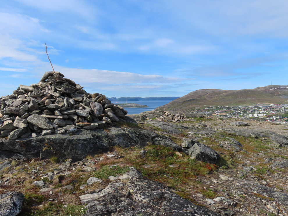 A rock cairn high above Hammerfest, Norway.