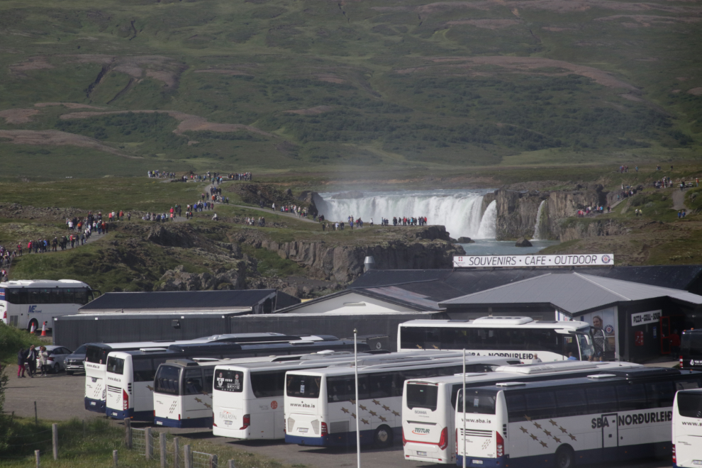 Tour buses at Godafoss, Iceland.