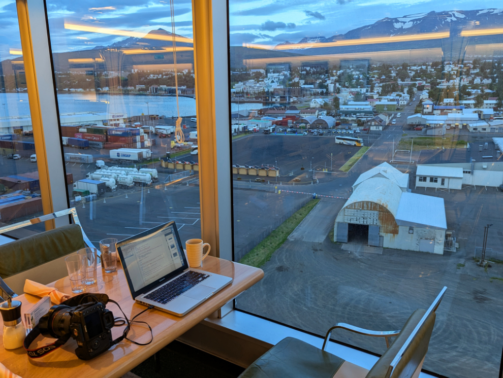 Looking out at Akureyri, Iceland, from my early-morning blogging station on the  Holland America cruise ship Nieuw Statendam.