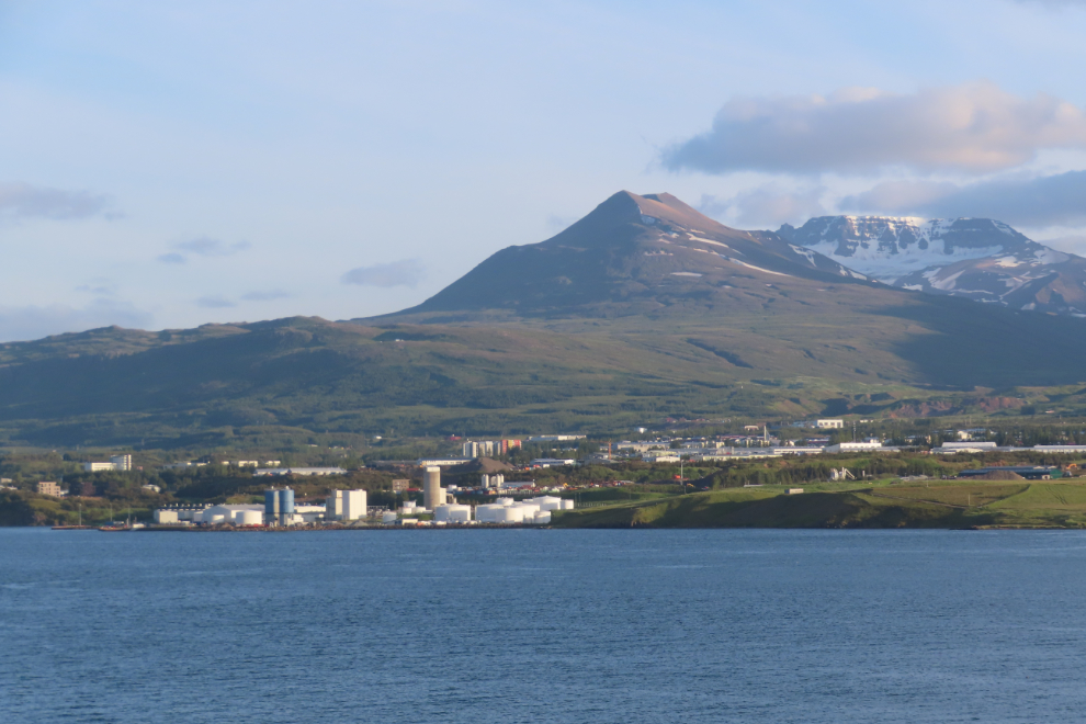 Approaching Akureyri, Iceland, in beautiful evening light, on the Holland America cruise ship Nieuw Statendam.