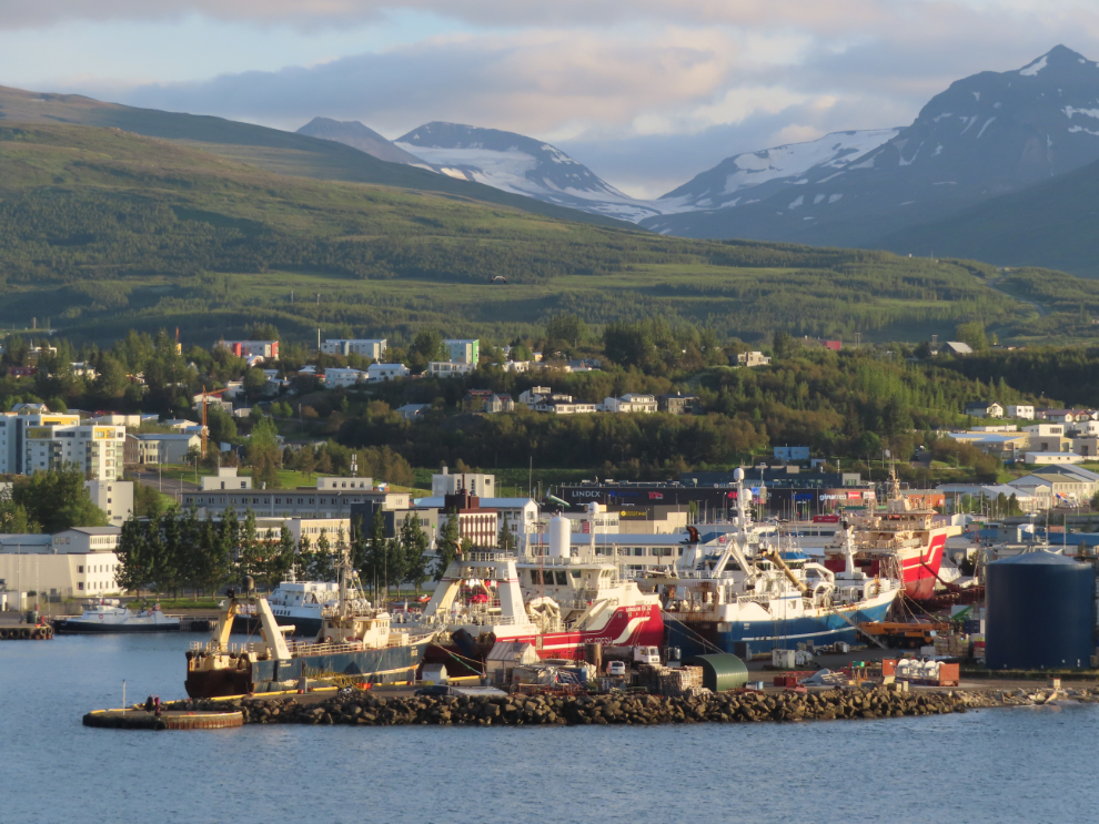 Entering the harbour at Akureyri, Iceland, at 9:30 pm.