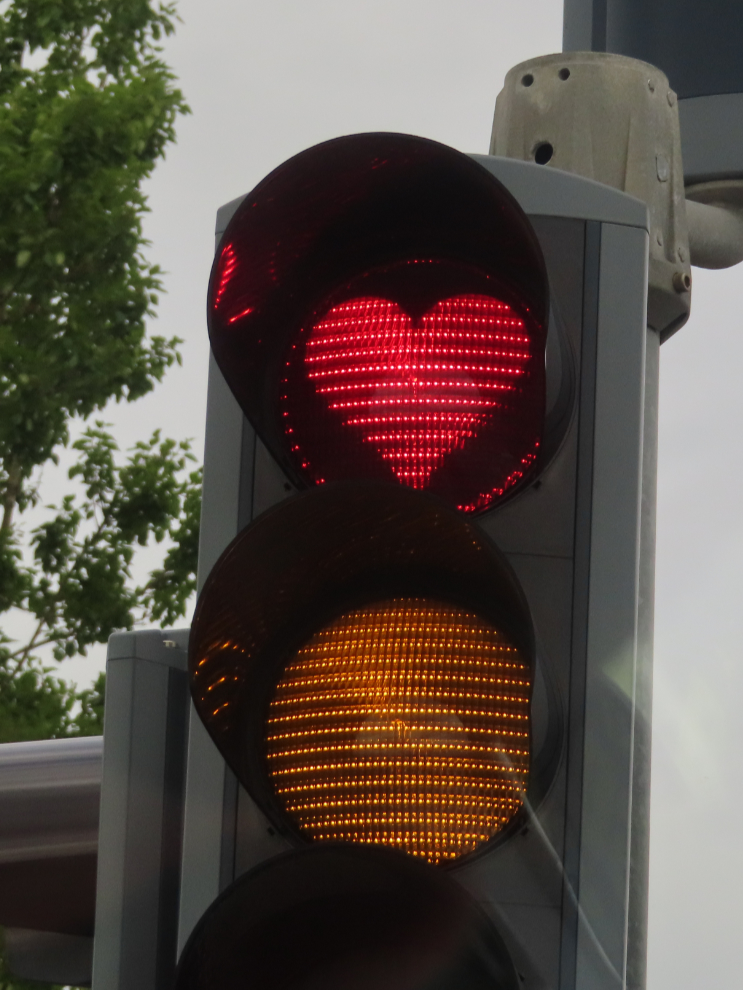 The red traffic lights at Akureyri, Iceland, are shaped like hearts.