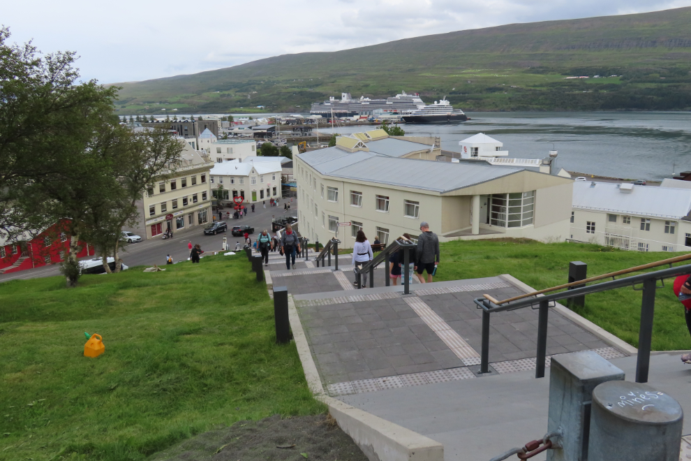 Looking down the stairs up to Akureyrarkirkja - the Akureyri church in Iceland.