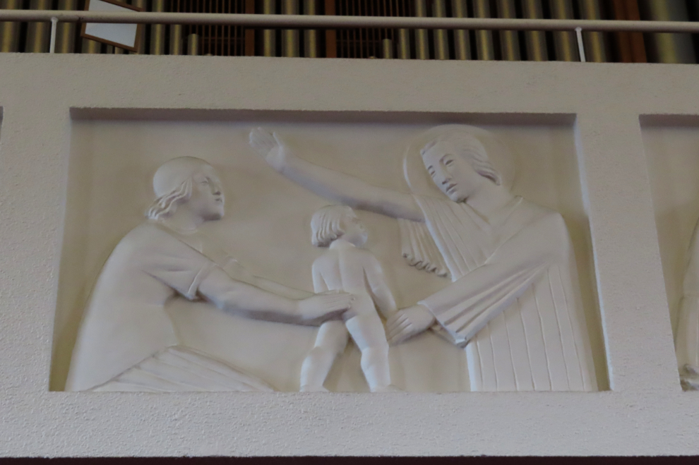 A carving on the organ loft in Akureyrarkirkja - the Akureyri church in Iceland.