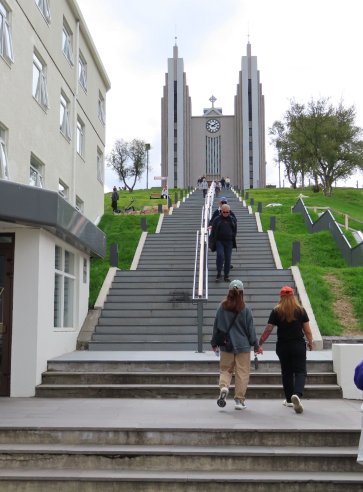 Looking up the stairs leading to Akureyrarkirkja - the Akureyri church in Iceland.