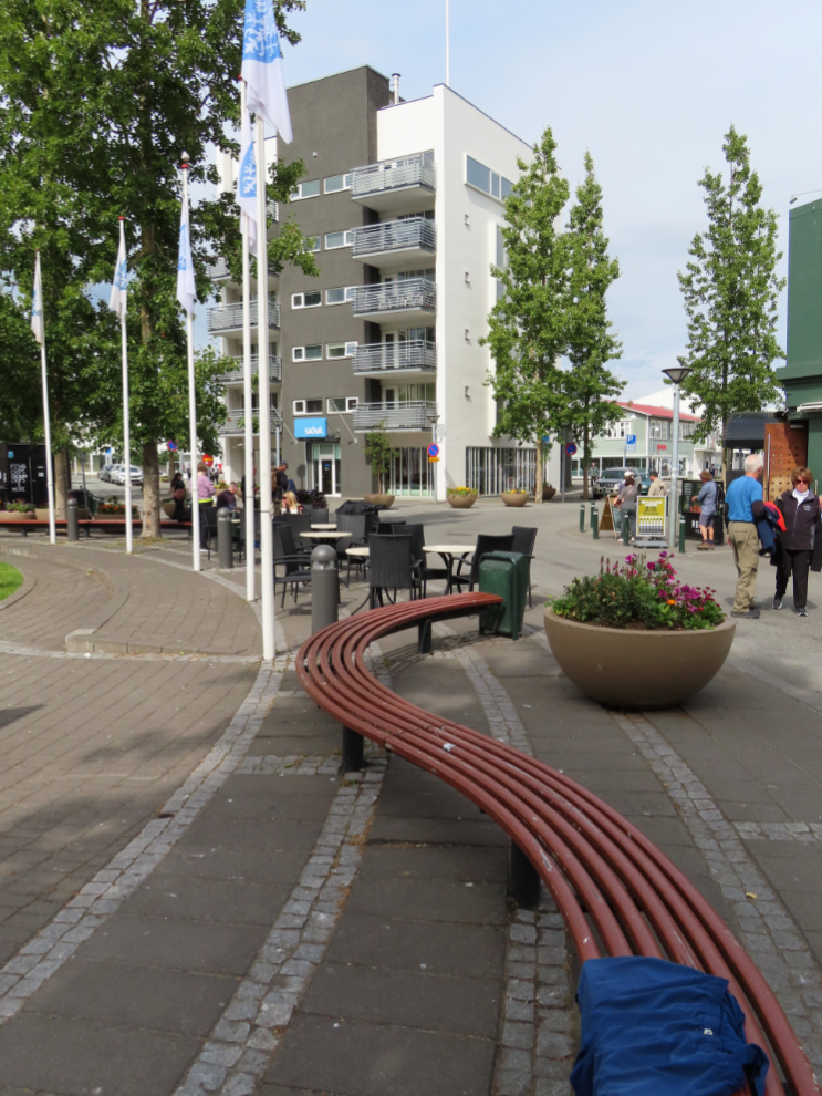 The public square (which is round) at the east end of Hafnarstaeti in Akureyri, Iceland.