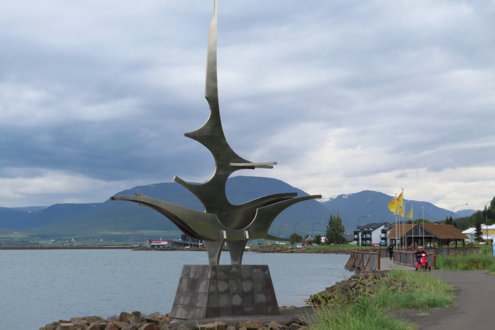 A sculpture along the waterfront walkaway in Akureyri, Iceland.