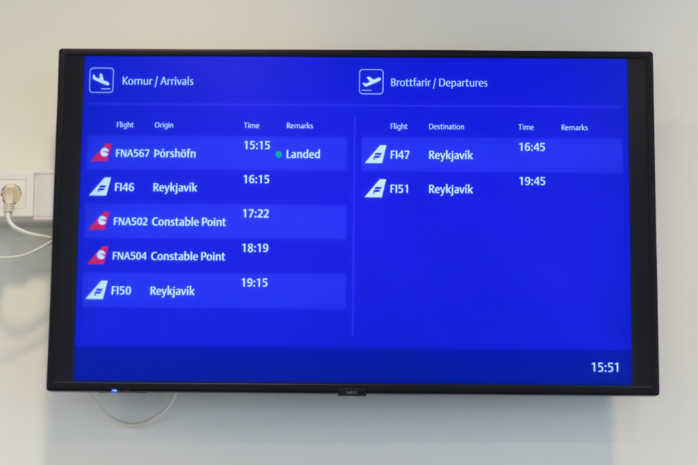 The Arrivals/Departures board at Akureyri International Airport (AEY), Iceland.