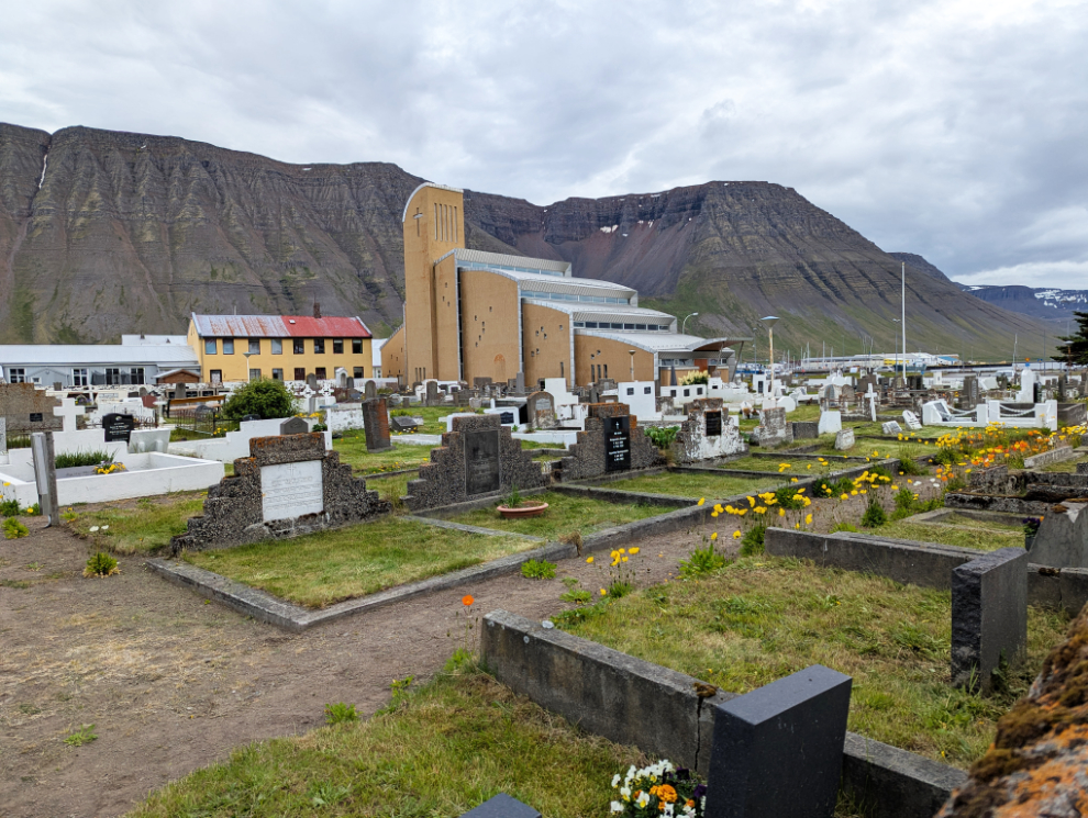 The Catholic church and cemetery at Isafjordur, Iceland.
