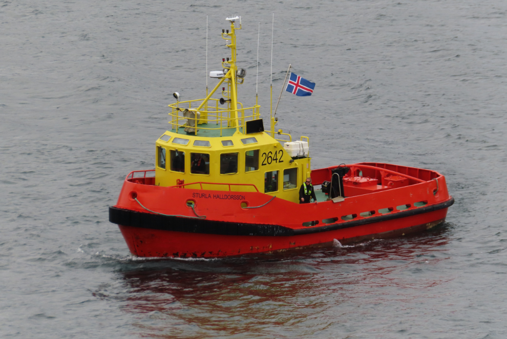 Our pilot arrives at Isafjordur, Iceland, on the vessel Sturla Halldorsson.