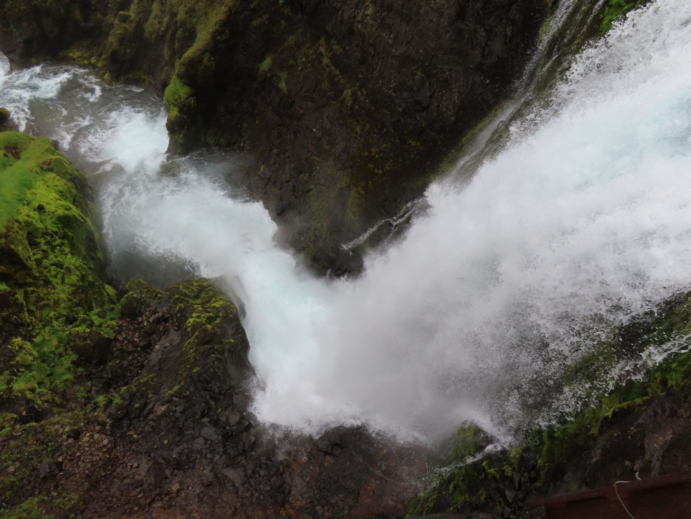 Looking directly down from the top of one the waterfalls at Dynjandi in Iceland.