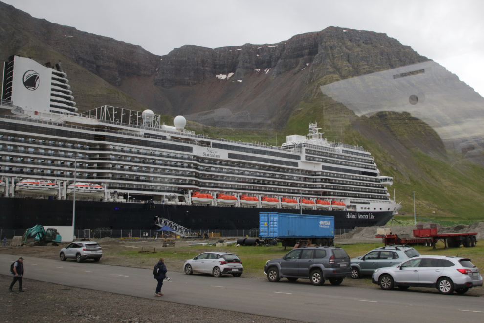 The Holland America cruise ship Nieuw Statendam at the main cruise ship dock at Isafjordur, Iceland.